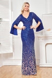 Sparkly Royal Blue con scollo a V madre dell'abito da sposa con maniche lunghe