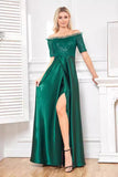 Scintillante raso verde scuro una linea madre di abito da sposa