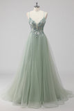 Rosa A-Line Spaghetti Straps Tulle Abito lungo da ballo con applicazioni di paillettes