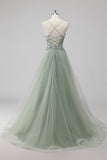 Rosa A-Line Spaghetti Straps Tulle Abito lungo da ballo con applicazioni di paillettes