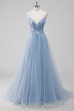 Rosa A-Line Spaghetti Straps Tulle Abito lungo da ballo con applicazioni di paillettes
