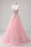 Rosa A-Line Spaghetti Straps Tulle Abito lungo da ballo con applicazioni di paillettes