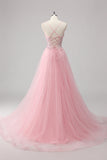 Rosa A-Line Spaghetti Straps Tulle Abito lungo da ballo con applicazioni di paillettes