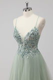 Abito da ballo lungo in tulle con lacci sul retro con paillettes verdi