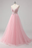 Rosa A-Line Spaghetti Straps Tulle Abito lungo da ballo con applicazioni di paillettes