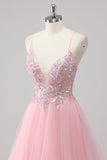 Rosa A-Line Spaghetti Straps Tulle Abito lungo da ballo con applicazioni di paillettes