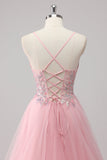 Rosa A-Line Spaghetti Straps Tulle Abito lungo da ballo con applicazioni di paillettes