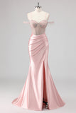 Sparkly Mermaid Cold Shoulder Beaded Abito da ballo rosa lungo con fessura