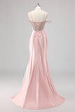 Sparkly Mermaid Cold Shoulder Beaded Abito da ballo rosa lungo con fessura