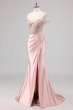 Sparkly Mermaid Cold Shoulder Beaded Abito da ballo rosa lungo con fessura