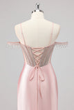 Sparkly Mermaid Cold Shoulder Beaded Abito da ballo rosa lungo con fessura