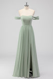 Sage Green A-Line Off the Spalla Chiffon Abito lungo da damigella d'onore