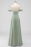 Sage Green A-Line Off the Spalla Chiffon Abito lungo da damigella d'onore