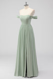 Sage Green A-Line Off the Spalla Chiffon Abito lungo da damigella d'onore