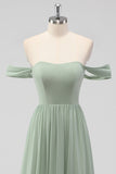 Sage Green A-Line Off the Spalla Chiffon Abito lungo da damigella d'onore