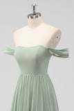 Sage Green A-Line Off the Spalla Chiffon Abito lungo da damigella d'onore