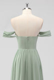 Sage Green A-Line Off the Spalla Chiffon Abito lungo da damigella d'onore