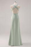 Sage Green Satin profondo scollo a V backless abito lungo da damigella d'onore
