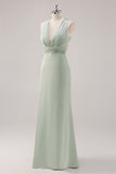 Sage Green Satin profondo scollo a V backless abito lungo da damigella d'onore