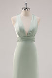 Sage Green Satin profondo scollo a V backless abito lungo da damigella d'onore