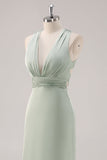 Sage Green Satin profondo scollo a V backless abito lungo da damigella d'onore