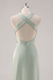 Sage Green Satin profondo scollo a V backless abito lungo da damigella d'onore