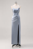 Increspato grigio blu Spaghetti Straps guaina abito da damigella d'onore con fessura