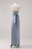 Increspato grigio blu Spaghetti Straps guaina abito da damigella d'onore con fessura