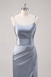 Increspato grigio blu Spaghetti Straps guaina abito da damigella d'onore con fessura