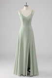 Chiffon con scollo a V salvia verde una linea abito da damigella d'onore con fessura
