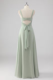 Chiffon con scollo a V salvia verde una linea abito da damigella d'onore con fessura