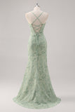 Corsetto verde floreale sirena pizzo posteriore abito da damigella d'onore con fessura