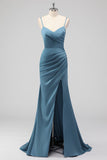 Dusty Blue Spaghetti Straps Mermaid Satin Abito da damigella d'onore lungo con fessura