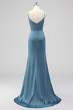 Dusty Blue Spaghetti Straps Mermaid Satin Abito da damigella d'onore lungo con fessura