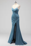 Dusty Blue Spaghetti Straps Mermaid Satin Abito da damigella d'onore lungo con fessura