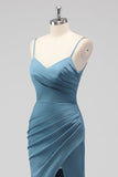 Dusty Blue Spaghetti Straps Mermaid Satin Abito da damigella d'onore lungo con fessura
