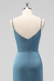Dusty Blue Spaghetti Straps Mermaid Satin Abito da damigella d'onore lungo con fessura
