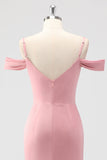 Blush guaina spalla fredda raso lungo abito da damigella d'onore