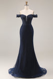 Abito da cerimonia lungo blu navy scintillante con spalle a sirena e perline