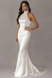 Halter Mermaid Stretch Satin Avorio Abito da sposa