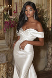 Off the spalla bianco raso plissettato sirena abito da sposa lungo