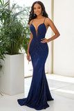 Abito formale con paillettes blu navy sirena con spalline sottili
