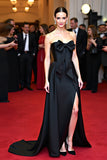 A Line Nero Senza Spalline Raso Fiocco Gala Dress con Spacco