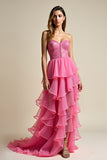 Corallo Tulle Tiered A Line Abito da ballo senza spalline con perline