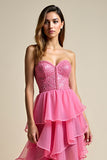 Corallo Tulle Tiered A Line Abito da ballo senza spalline con perline
