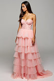Blush Tiered Tulle senza spalline A Line Abito da Cerimonia