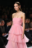 Rosa senza spalline Tiered A Line Gala Dress con fessura