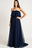 Navy Tulle senza spalline A-Line abito da sposa lungo con volant