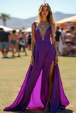 Viola scuro Spaghetti Straps Schiena Aperta Lungo Abito Ospite di Nozze