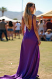 Viola scuro Spaghetti Straps Schiena Aperta Lungo Abito Ospite di Nozze